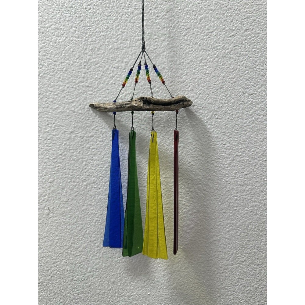 Handmade Primitive Glass Driftwood Beads  Wind Chime Triangular Outdoor Art